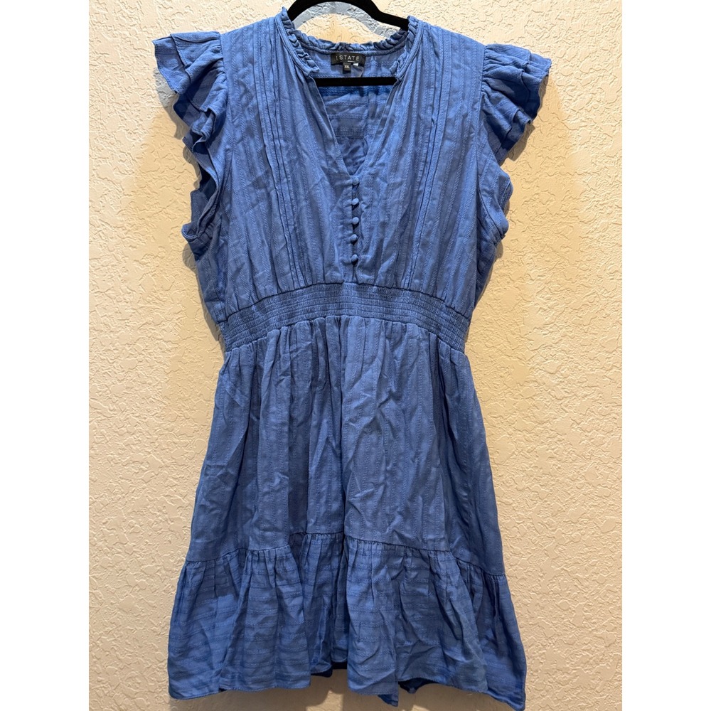 1.STATE Flutter Sleeve Cotton Smocked Waist Mini Dress XXL Cottagecore Boho Blue